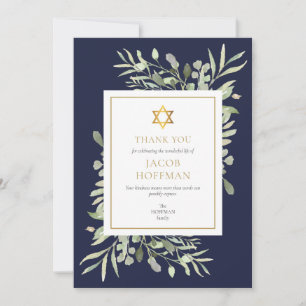 Tarjeta De Agradecimiento Estrella de David Azul Marino Vegetación Funeral J