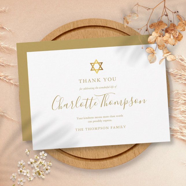 Tarjeta De Agradecimiento Estrella de David judía simple dorada funeral conm (Memorial Funeral Gold Star of David Jewish Simple Thank You Card)