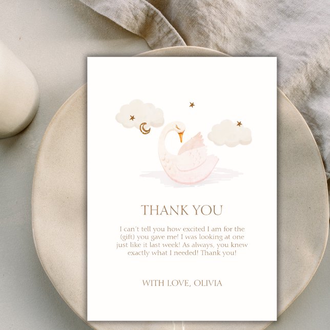 Tarjeta De Agradecimiento Estrella de la luna del cisne de la princesa simpl (Cute Simple Princess Swan Moon Star Baby Shower Thank You Card)