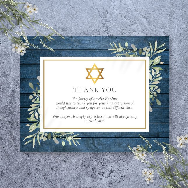 Tarjeta De Agradecimiento Estrella judía de David funeral con verde rústico  (Blue Rustic Greenery Jewish Star Of David Funeral Thank You Card)
