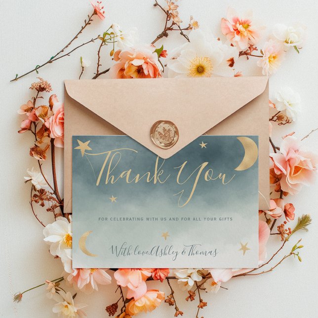 Tarjeta De Agradecimiento Estrellas de luna de oro foto azul gracias bebé du (Gold moon stars blue photo thank you baby shower)