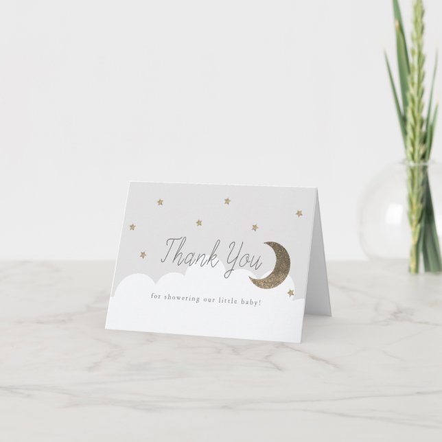 Tarjeta De Agradecimiento Estrellas de oro y Baby Shower grisáceo lunar crec (Anverso)