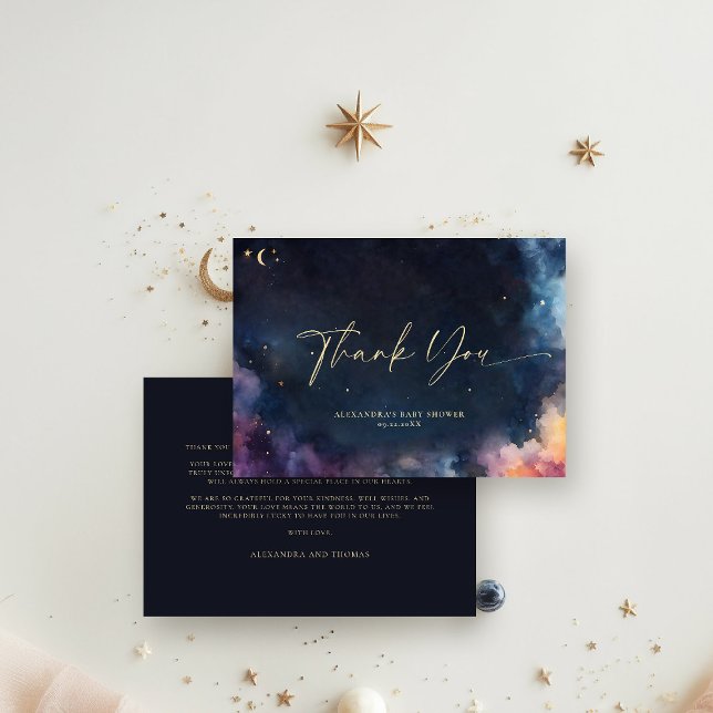 Tarjeta De Agradecimiento Estrellas de regalo celestes Galaxia cósmica Azul  (celestial baby shower thank you twinkle star moon cosmos galaxy dark navy blue gold foil invite)