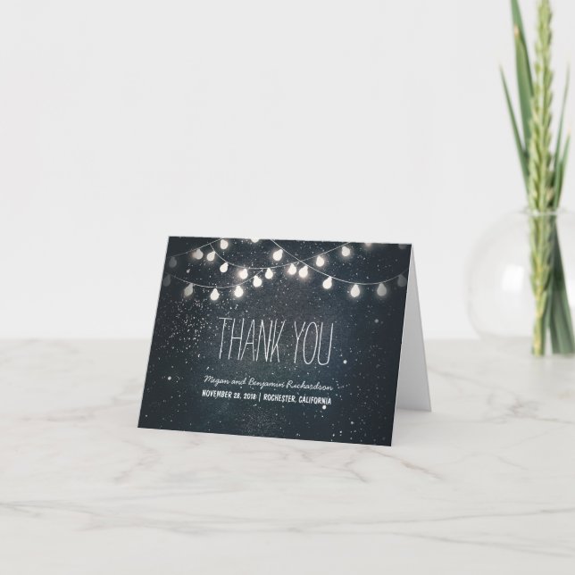 Tarjeta De Agradecimiento Estrellas nocturnas y luces de cadena Boda Gracias (Anverso)