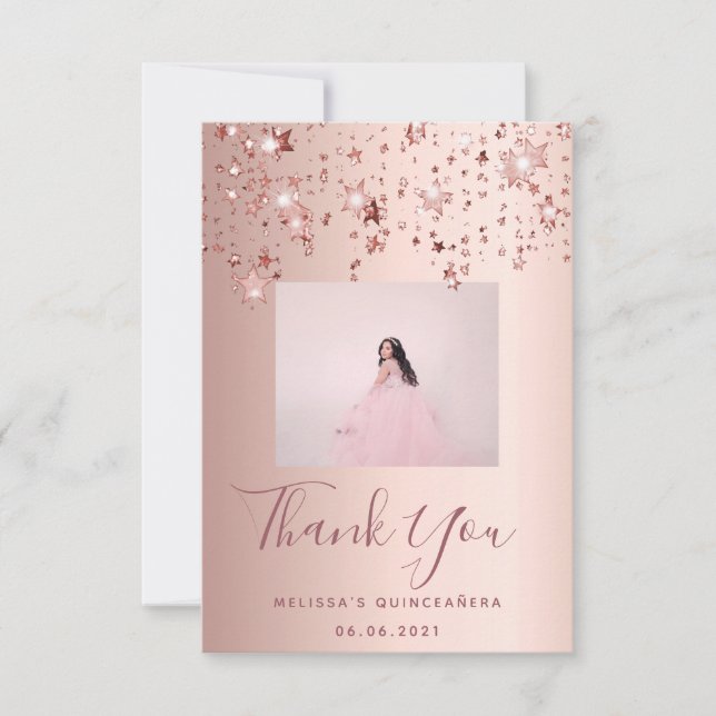Tarjeta De Agradecimiento Estrellas personalizados de Quinceanera rosa de fo (Anverso)