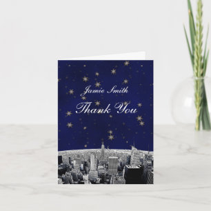 Tarjeta De Agradecimiento Etched NYC Skyline 2 Blue Gold Star Gracias
