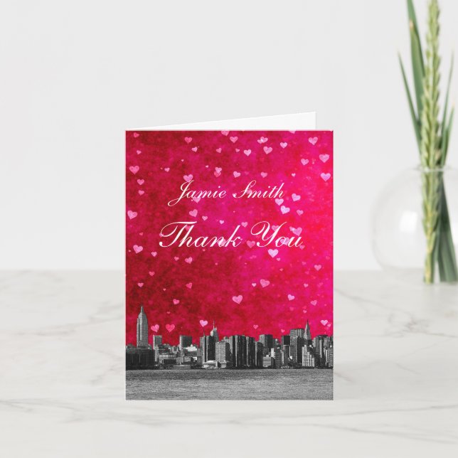 Tarjeta De Agradecimiento Etched NYC Skyline Hot Pink Red Heart Gracias (Anverso)