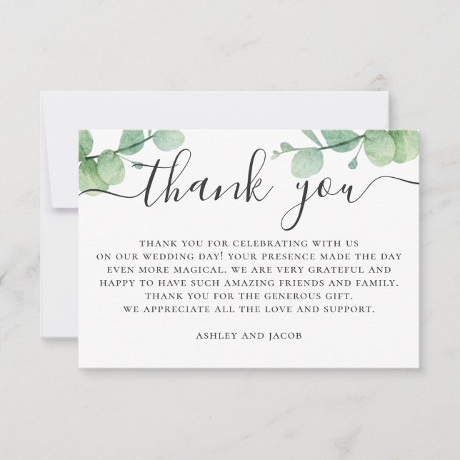 Tarjeta De Agradecimiento Eucalipto acuarela. Boda de guión elegante (Anverso)