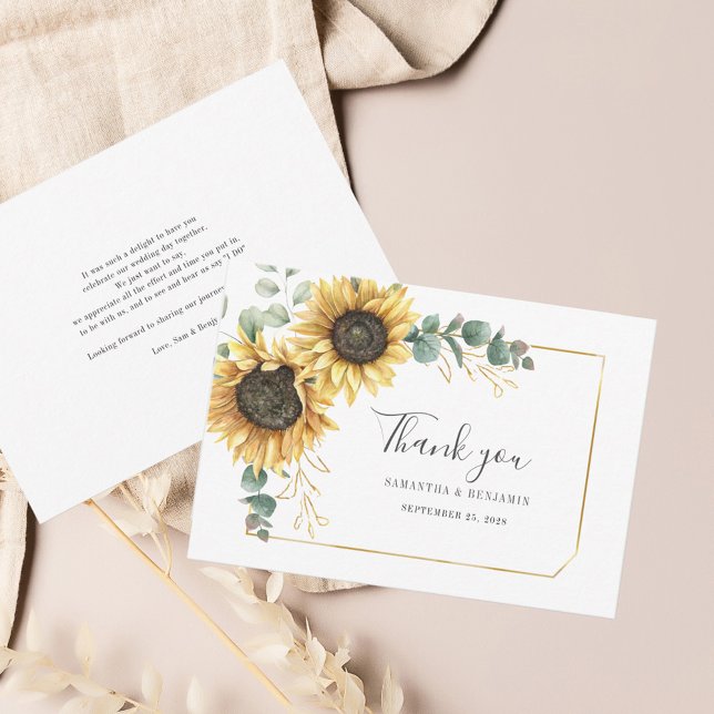 Tarjeta De Agradecimiento Eucalipto de girasol deja Boda geométrico (Floral Sunflower Wedding Script Eucalyptus Thank You Card)
