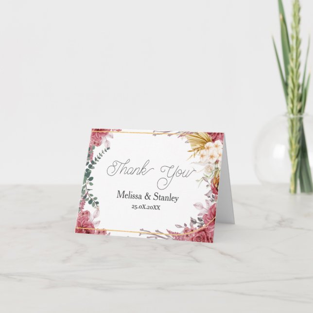 Tarjeta De Agradecimiento Eucalipto de Oro Floral Borgoña con presupuesto (Anverso)