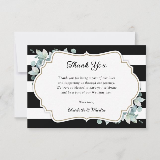 Tarjeta De Agradecimiento Eucalipto verde Boda blanco y negro (Anverso)