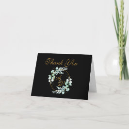 Tarjeta De Agradecimiento Eucalipto y oro en boda personalizada negra 