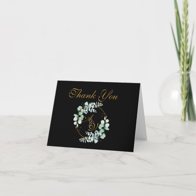 Tarjeta De Agradecimiento Eucalipto y oro sobre boda personalizado negro (Anverso)