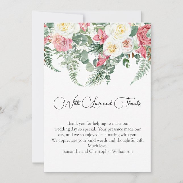 Tarjeta De Agradecimiento Eucalyptus Boda Floral de rosas blancas rosadas (Anverso)