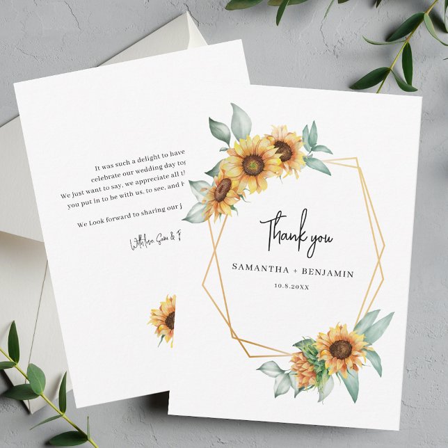 Tarjeta De Agradecimiento Eucalyptus Boda geométrica (Floral Sunflower Eucalyptus Wedding Thank You Script Card)