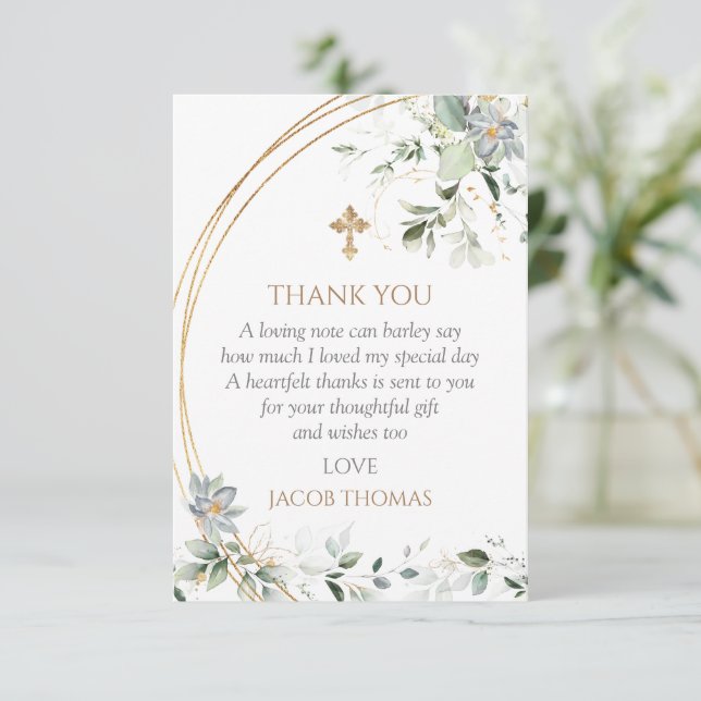 Tarjeta De Agradecimiento Eucalyptus Boy Baptism  (Anverso de pie)