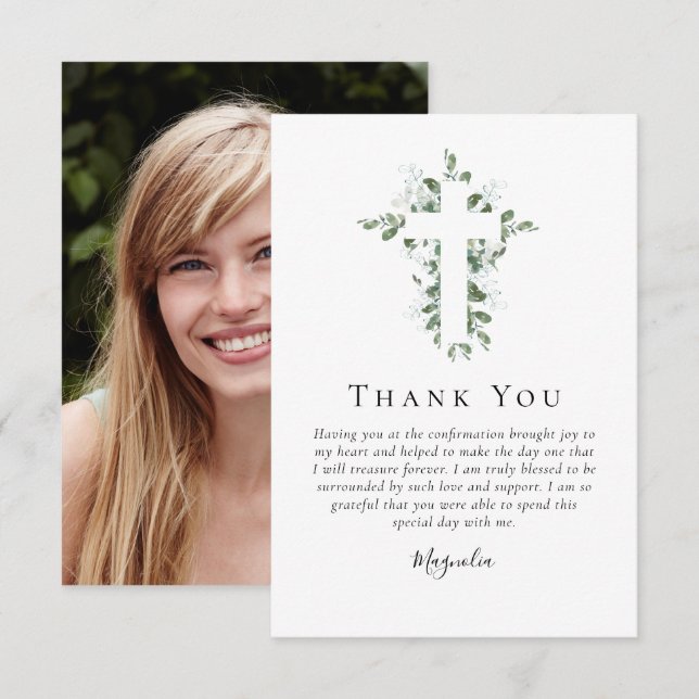 Tarjeta De Agradecimiento Eucalyptus Cross | Confirmación (Anverso / Reverso)