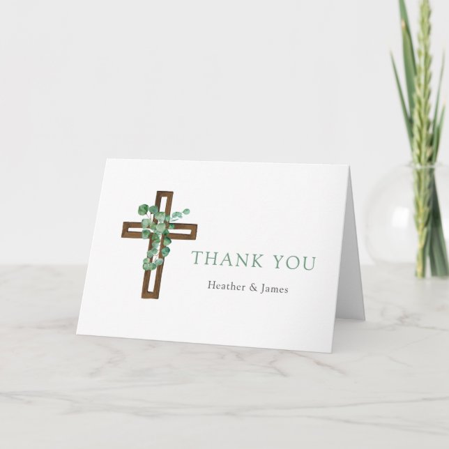 Tarjeta De Agradecimiento Eucalyptus Cross Modern Baptism Doble Gracias (Anverso)