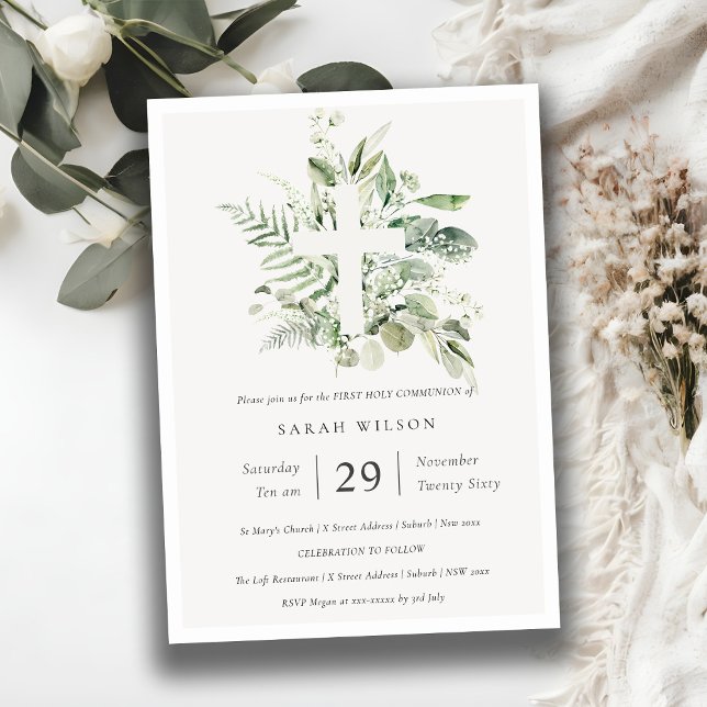 Tarjeta De Agradecimiento Eucalyptus Fauna Cross First Holy Communion Invite (Subido por el creador)