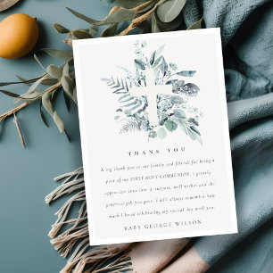 Tarjeta De Agradecimiento Eucalyptus Fern Foliage Cross First Holy Communia