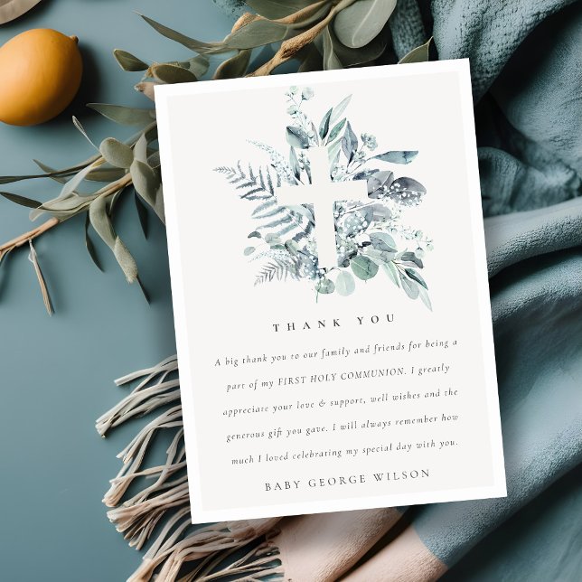 Tarjeta De Agradecimiento Eucalyptus Fern Foliage Cross First Holy Communia (Subido por el creador)