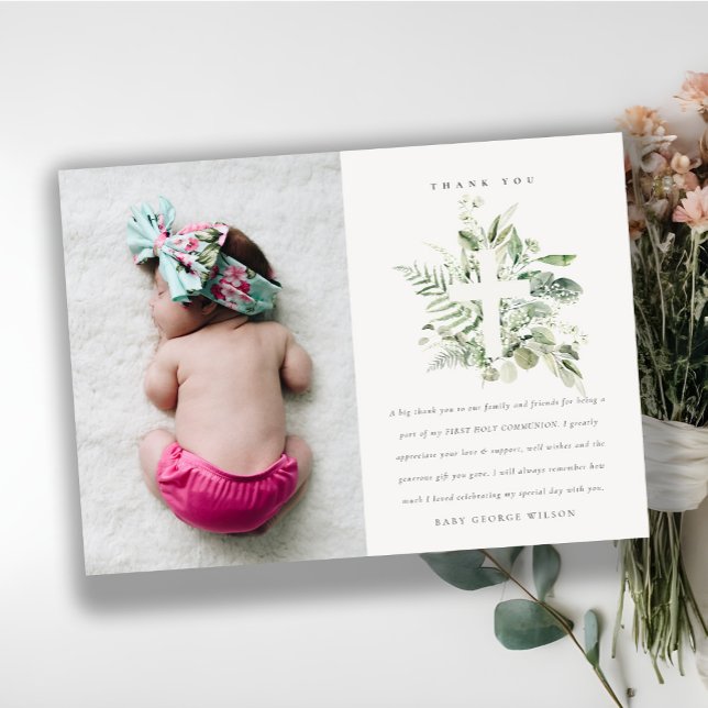 Tarjeta De Agradecimiento Eucalyptus Fern Foliage Cross First Holy Communia (Subido por el creador)