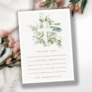 Tarjeta De Agradecimiento Eucalyptus Fern Foliage Cross First Holy Communia