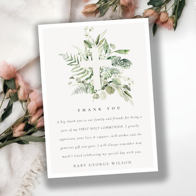 Tarjeta De Agradecimiento Eucalyptus Fern Foliage Cross First Holy Communia (Subido por el creador)