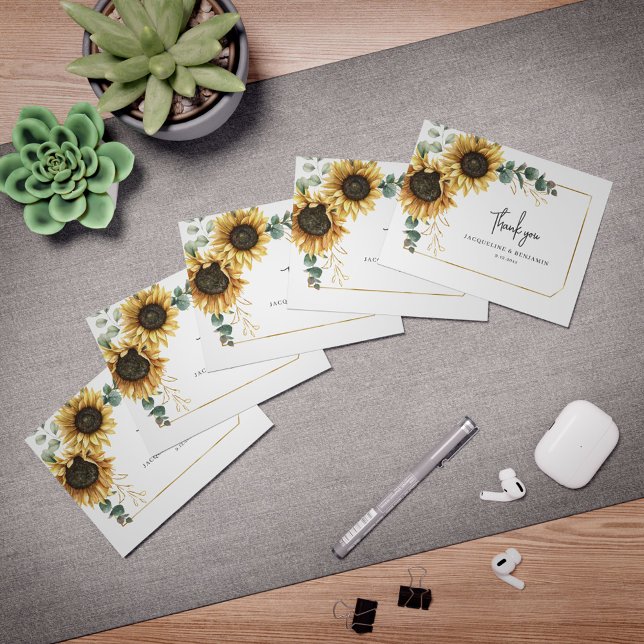Tarjeta De Agradecimiento Eucalyptus Floral Sunflower Foto Boda (Floral Greenery Photo Wedding  Script Thank You Photo Card)