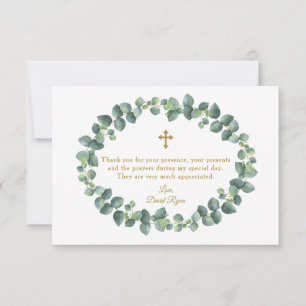 Tarjeta De Agradecimiento Eucalyptus Foliage Wreath Gold Cross Boy Baptism