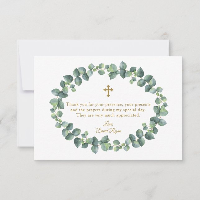 Tarjeta De Agradecimiento Eucalyptus Foliage Wreath Gold Cross Boy Baptism (Anverso)