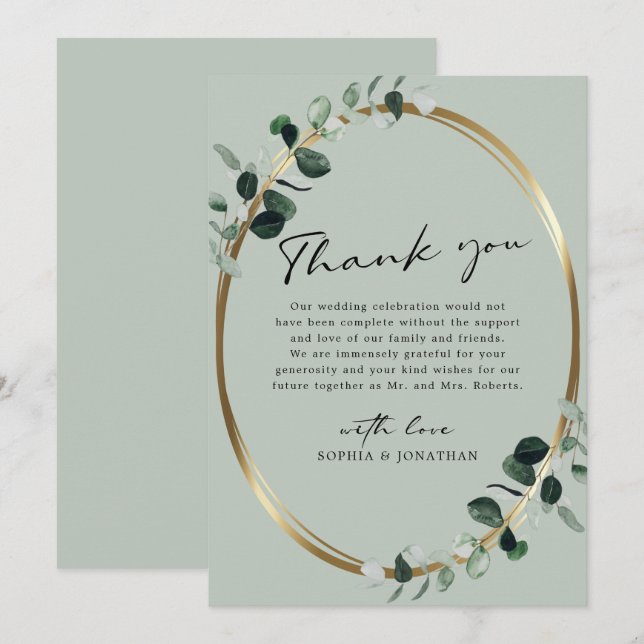 Tarjeta De Agradecimiento Eucalyptus Gold Boda de caligrafía moderna (Anverso / Reverso)