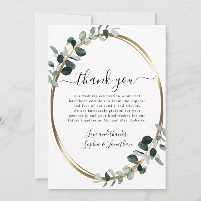 Tarjeta De Agradecimiento Eucalyptus Gold Elegant Script Boda Blanco (Anverso)