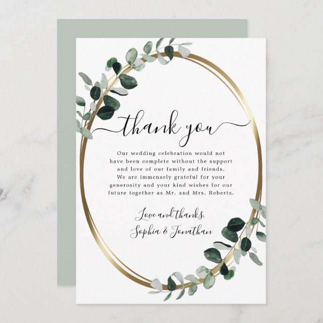 Tarjeta De Agradecimiento Eucalyptus Gold Elegant Script Boda de sabios blan (Anverso / Reverso)
