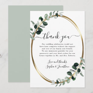 Tarjeta De Agradecimiento Eucalyptus Gold Elegant Script Boda de sabios blan