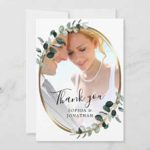 Tarjeta De Agradecimiento Eucalyptus Gold Elegant Script Photo Boda