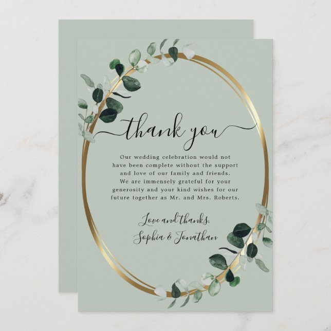 Tarjeta De Agradecimiento Eucalyptus Gold Elegant Script Sage Green Boda (Anverso / Reverso)