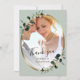 Tarjeta De Agradecimiento Eucalyptus Gold Elegant Script Sage Photo Boda