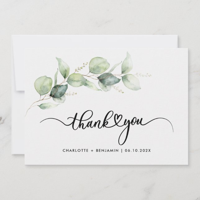 Tarjeta De Agradecimiento Eucalyptus Green Foliage Boda manuscrito (Anverso)
