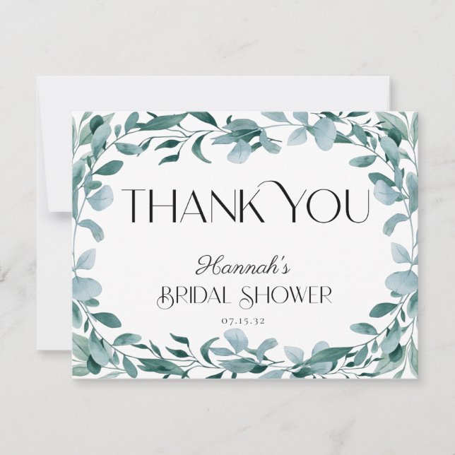 Tarjeta De Agradecimiento Eucalyptus Green Frame Green Blue Bridal Shower (Anverso)