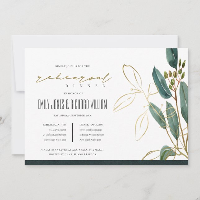 TARJETA DE AGRADECIMIENTO EUCALYPTUS GREEN GOLD FAUNA REHEARSAL DINER INVITE (Anverso)