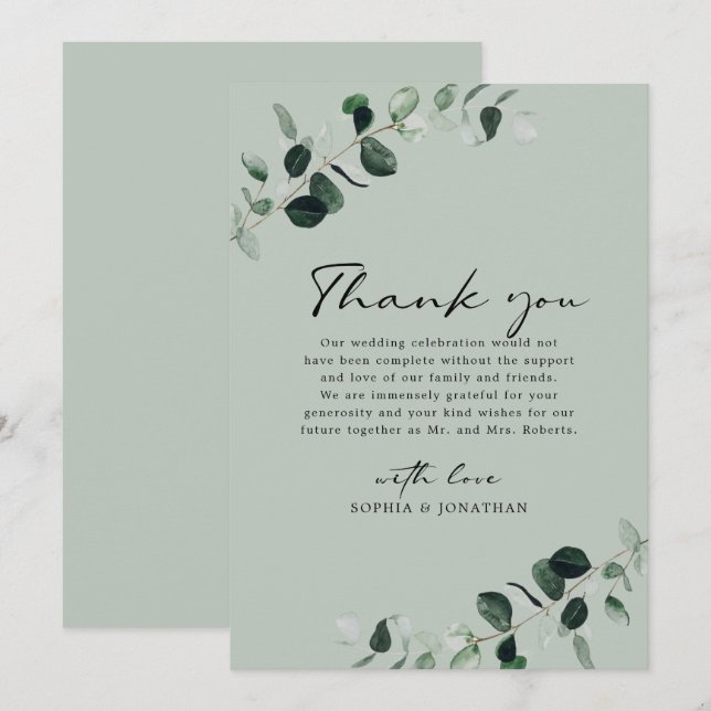 Tarjeta De Agradecimiento Eucalyptus Greenery Boda de caligrafía moderna (Anverso / Reverso)