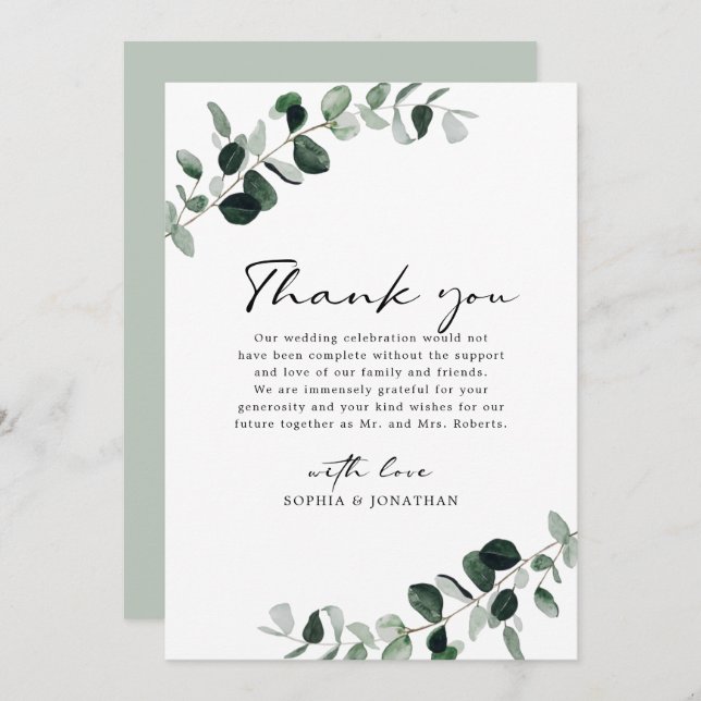 Tarjeta De Agradecimiento Eucalyptus Greenery Boda de caligrafía moderna (Anverso / Reverso)