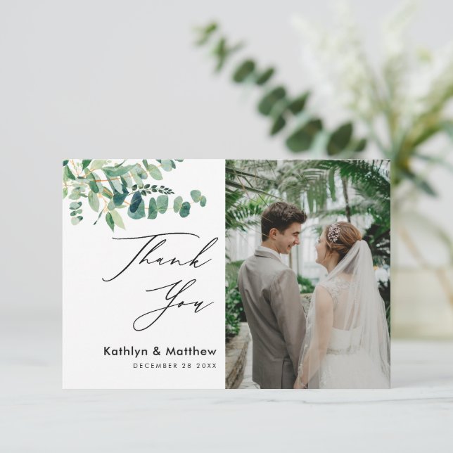 Tarjeta De Agradecimiento Eucalyptus Greenery Boda de fotografías de escritu (Anverso de pie)