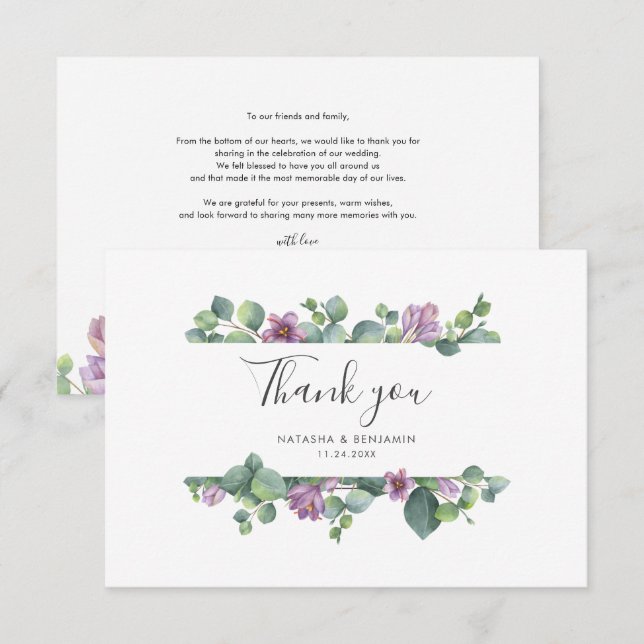 Tarjeta De Agradecimiento Eucalyptus Greenery Boda de guión elegante (Anverso / Reverso)