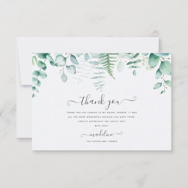 Tarjeta De Agradecimiento Eucalyptus Greenery Brunch Bridal Gracias (Anverso)