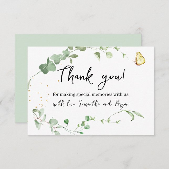 Tarjeta De Agradecimiento Eucalyptus Greenery Gold Sparkle (Anverso / Reverso)