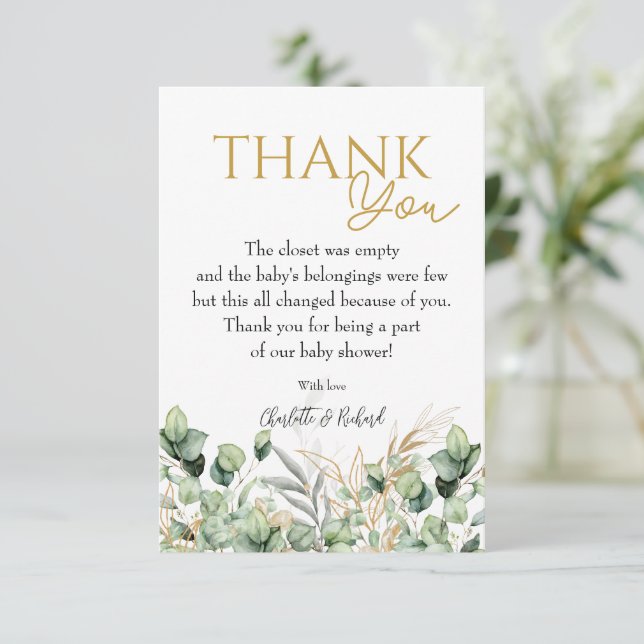 Tarjeta De Agradecimiento Eucalyptus Greenery Green Leaf & Gold Baby Shower (Anverso de pie)