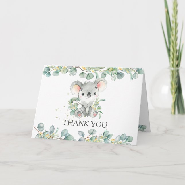 Tarjeta De Agradecimiento Eucalyptus Greenery Koala Boy Baby Shower Cumpleañ (Anverso)