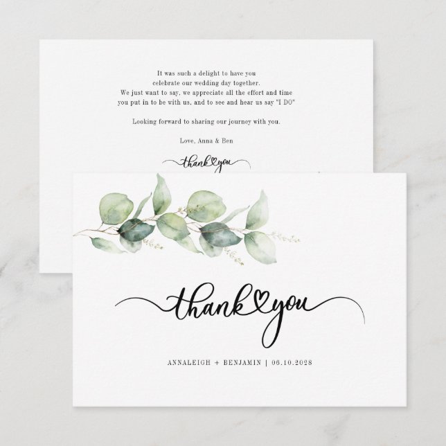 Tarjeta De Agradecimiento Eucalyptus Greenery Love Heart Calligraphy Boda (Anverso / Reverso)